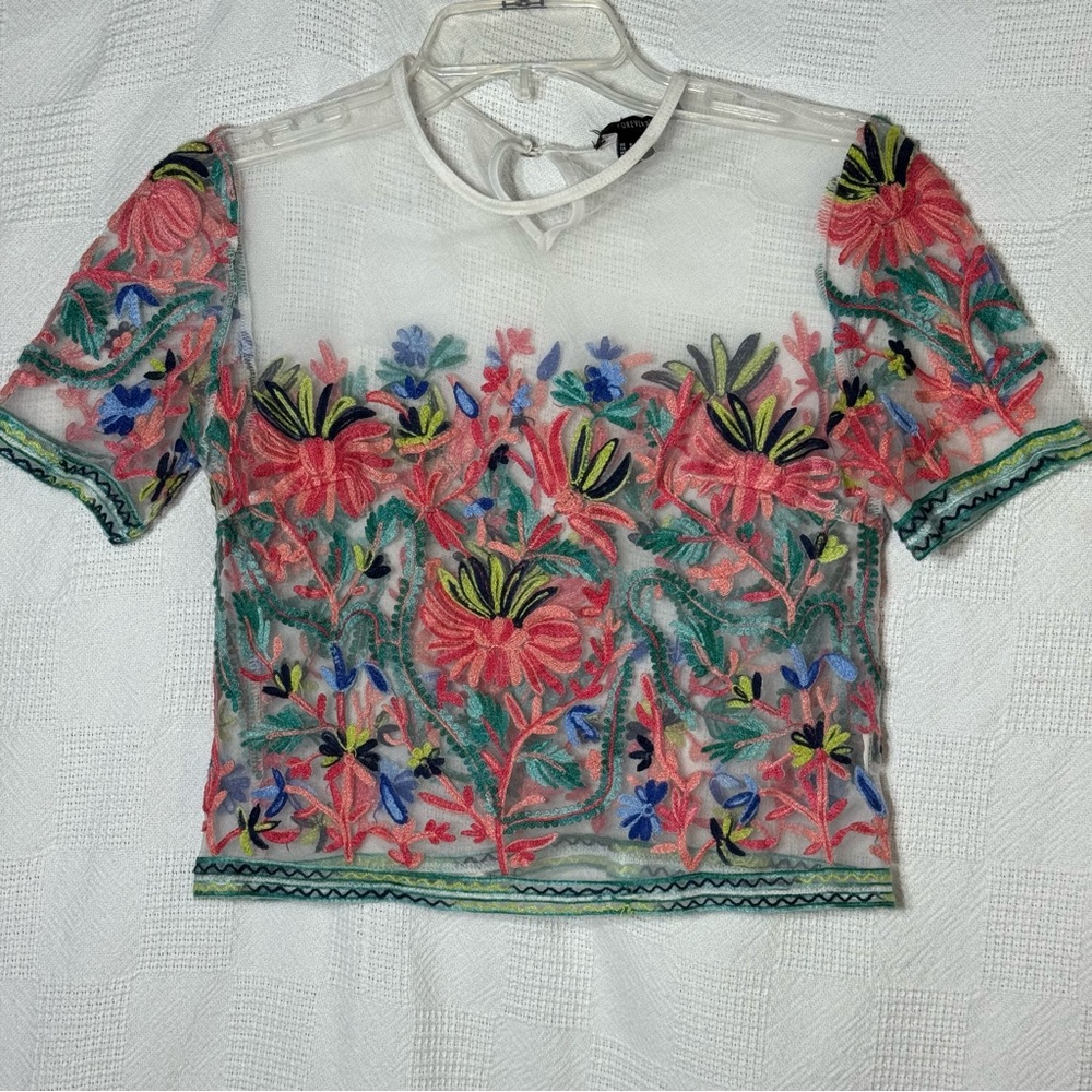 Forever 21 Floral Embroidered Sheer Transparent Crop Top Womens Size Small
